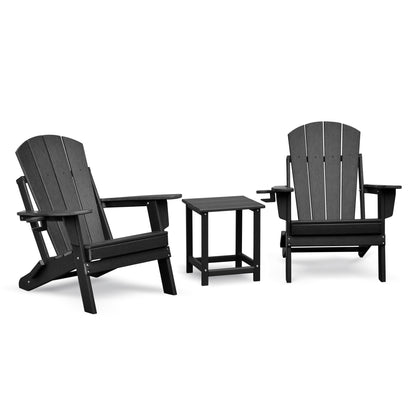 Folding Outdoor Adirondack Chair Set of 2 and Table Set,HDPE All-weather Folding Fire Pit Chair, Ergonomic Design Patio Lawn Chair for Outside Deck Garden Backyardf Balcony, Black image 1