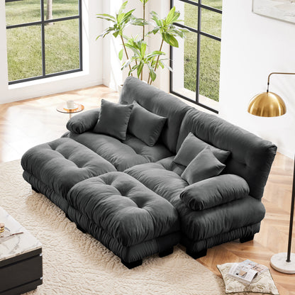 Cloud Couch Sleeper Sofa for Living Room, Chenille 2 Seater sofa with 2 Lumbar pillows and 2 throw pillows, Upholstered Wide Arm Sofa with 2 Ottomans,Chenille Gray image 1