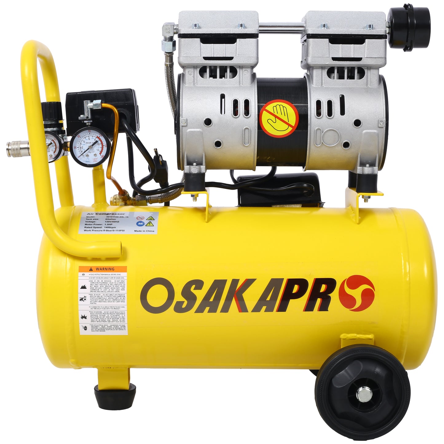 1.5HP Silent Oil-Free Air Compressor 8 Gallon, Oil-Free, Electric Shop Air Compressor Portable,Lightweight with Wheels, 70 dBA Noise Level, with Automatic Drain Valve,Yellow image 1