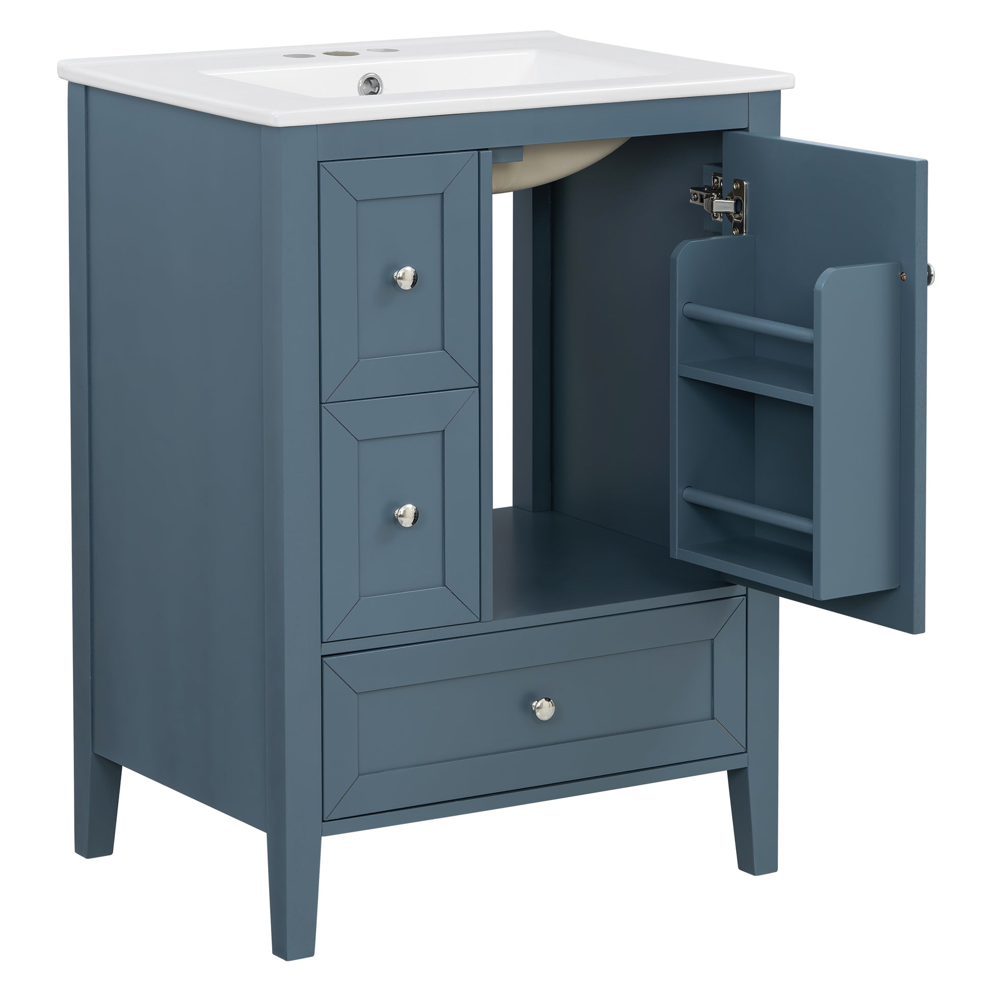 [Video] 24" Modern Blue Gray Bathroom Vanity with Ceramic Sink, Solid Wood Legs, Soft-Close Drawers & Door, Storage Rack, Painted Surface Finish image 10