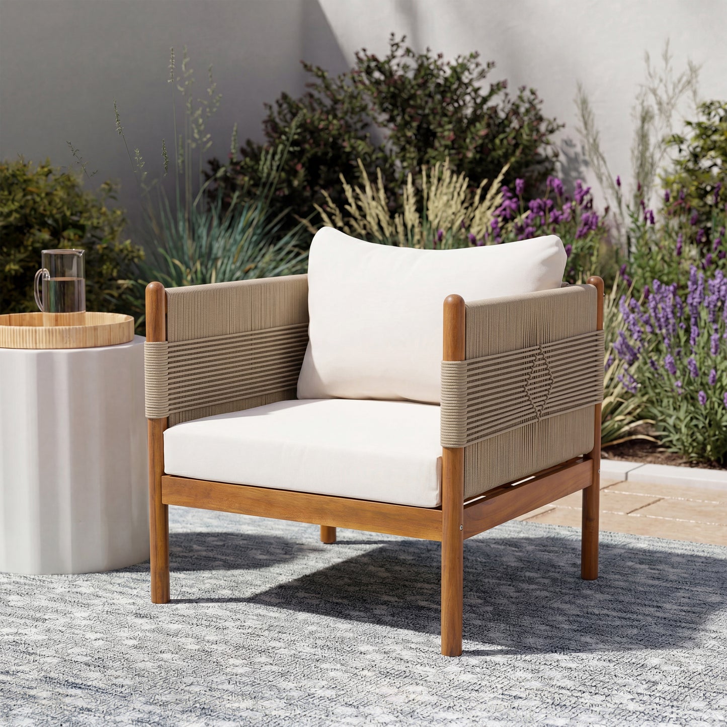 Outdoor Acacia Wood Club Chair with Diamond Rope Weave & Cushions, Teak Finish image 2