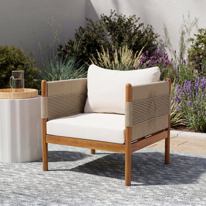 Outdoor Acacia Wood Club Chair with Diamond Rope Weave & Cushions, Teak Finish image 2
