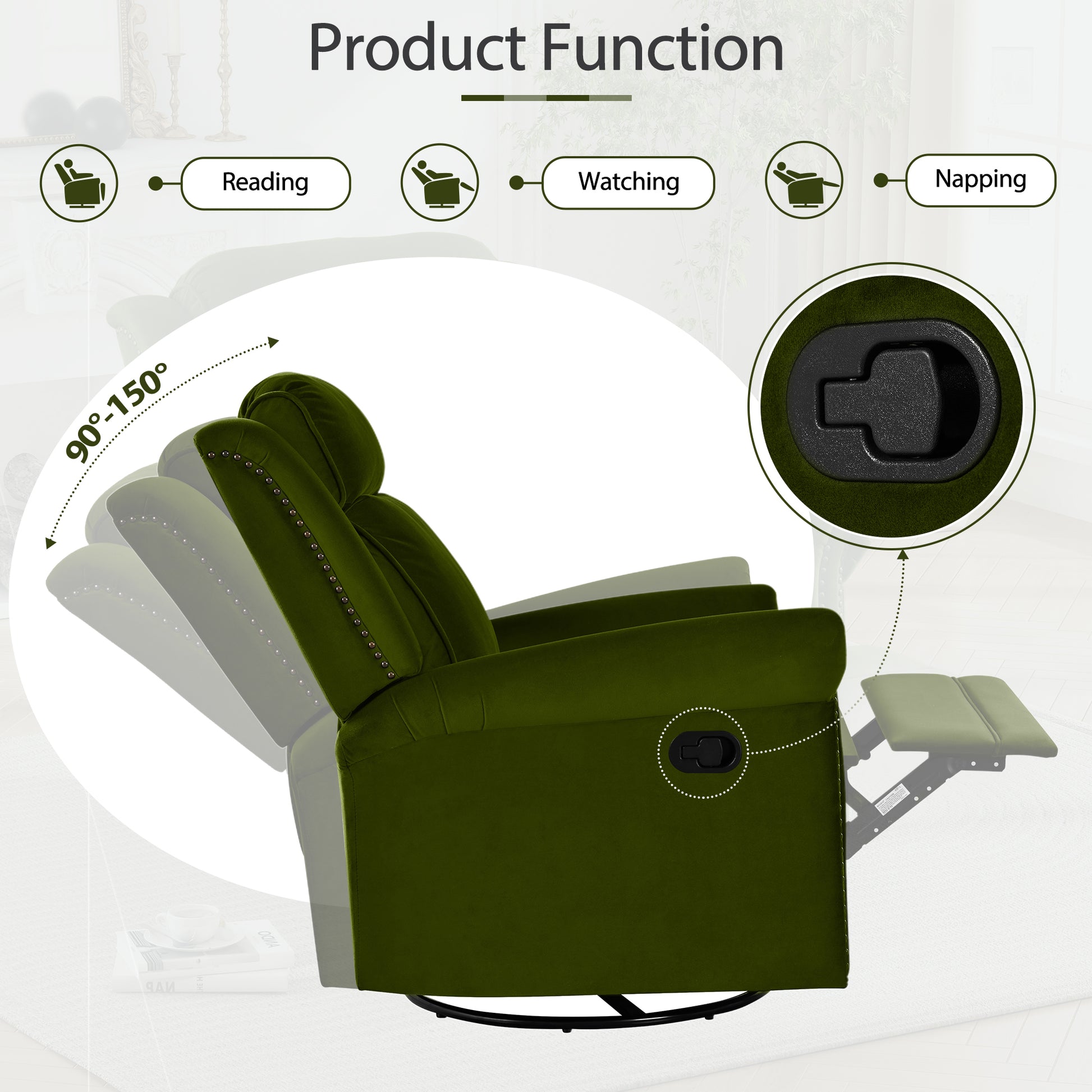 360° Swivel Recliner Manual Rocking Recliner Home Theater Manual Recliner Chair Nursery Rocker with Adjustable Backrest for Living Room, Green image 11