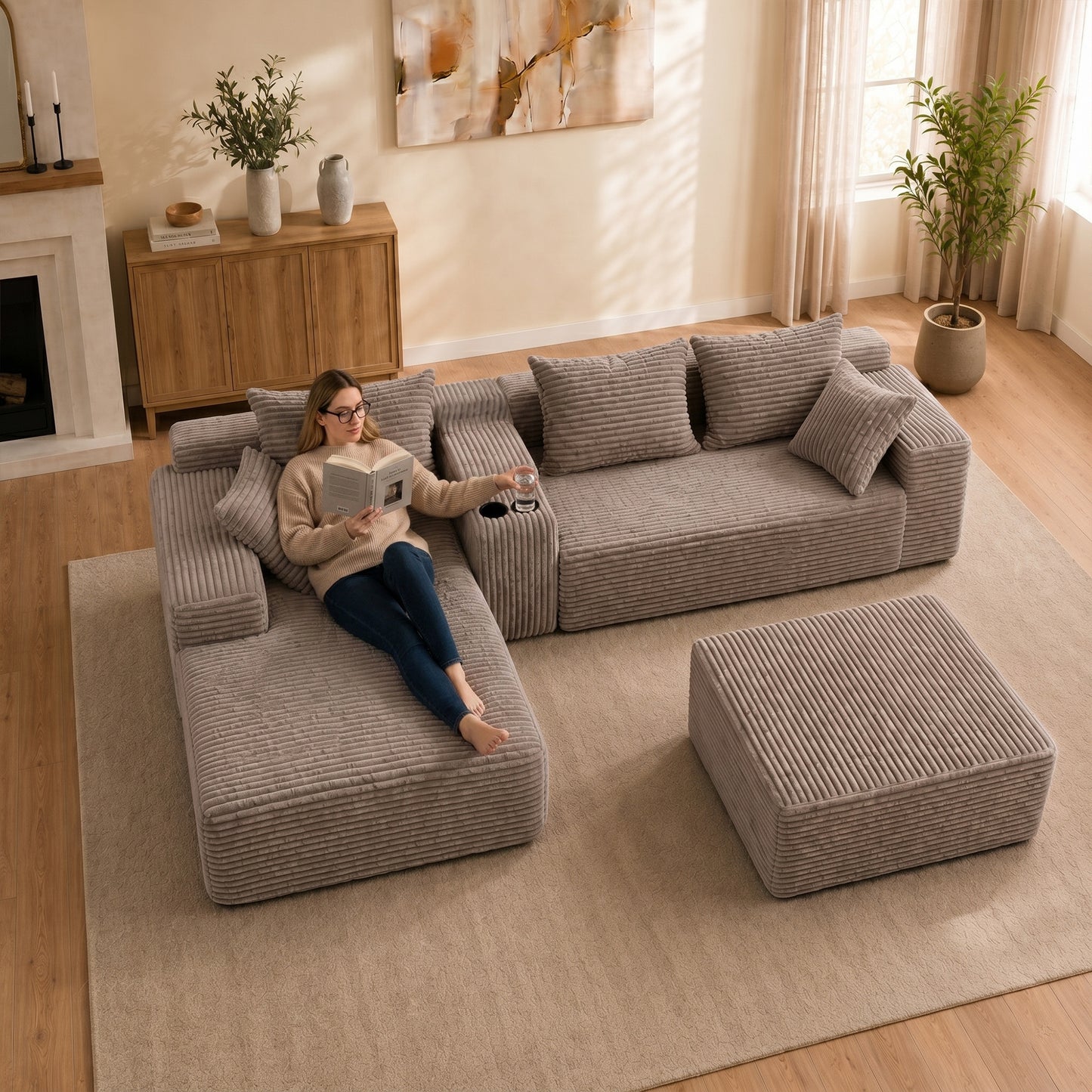 144 inch corduroy U-shaped modular segmented sofa, large seat depth convertible form, with cup holder and storage space, modern Nordic comfortable sofa bed, suitable for large living rooms, apartments image 12