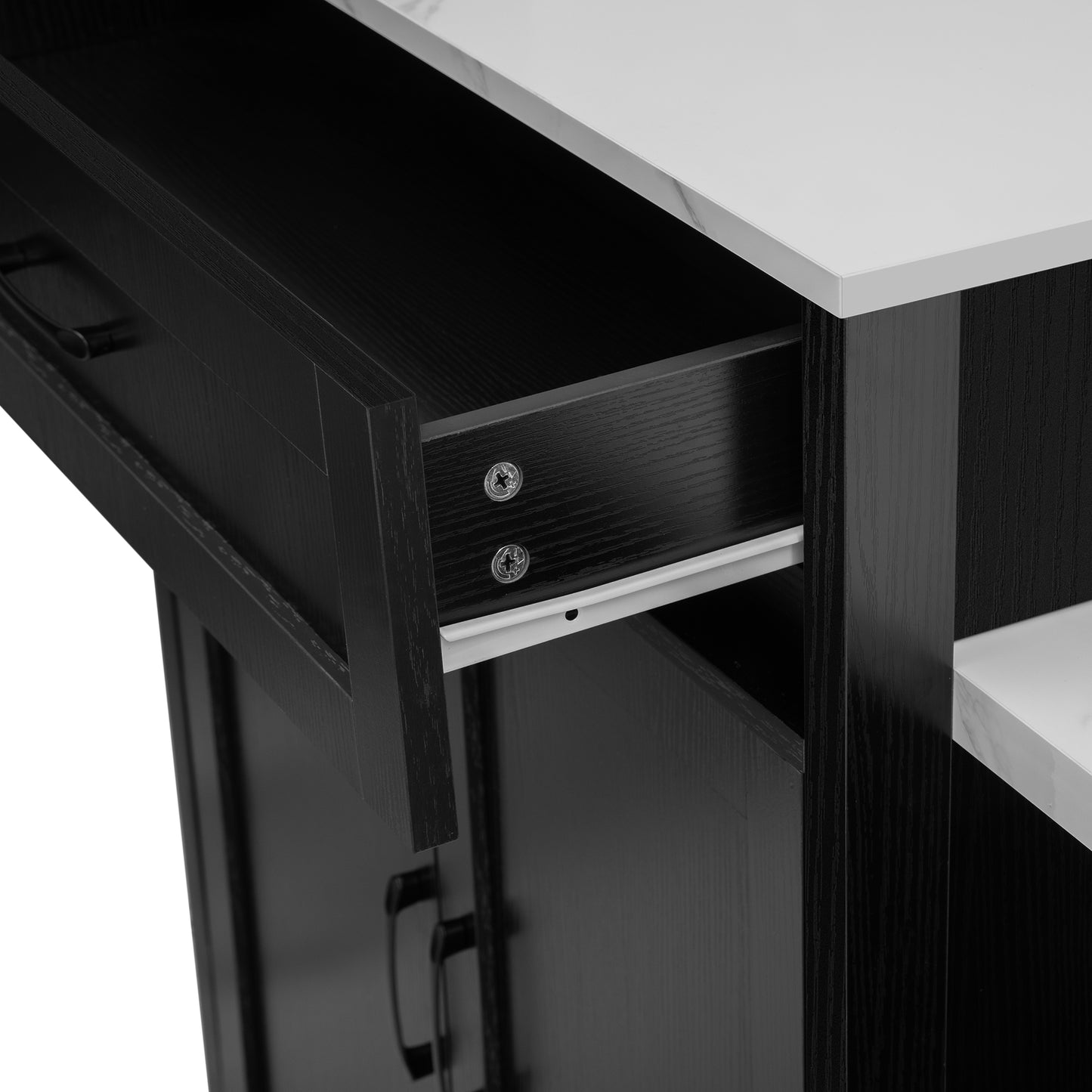 K&K 82.7 inch Kitchen Island with Extendable Dining Table for 4-6 Person,Faux Mable Kitchen Table with Double-sized Storage,Power Outlet,Kitchen island with Storage 2 Drawers 2 Side Open Shelves,Black image 4