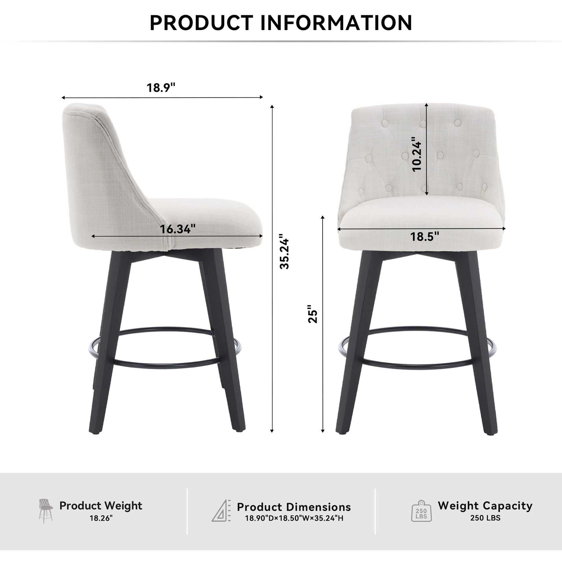 007-360° Swivel Bar Stools Set of 2-Modern 25" Counter Height Stools with Stain-Resistant Line&Button Tufted Back, Solid Wood Frame Barstools for Kitchen Island, Cafe or Home Bar, Easy Assembly White image 5