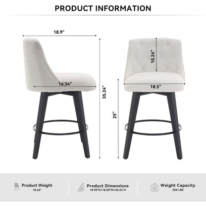 007-360° Swivel Bar Stools Set of 2-Modern 25" Counter Height Stools with Stain-Resistant Line&Button Tufted Back, Solid Wood Frame Barstools for Kitchen Island, Cafe or Home Bar, Easy Assembly White image 5