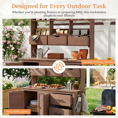 (With Assembly Video) TOPMAX Farmhouse Patio Potting Bench, 44.6''x19.5'' Large Freestanding Garden Workstation with 6 Drawers, Bottom Cabinet and Side Hook, Outdoor Kitchen Island, Brown image 4