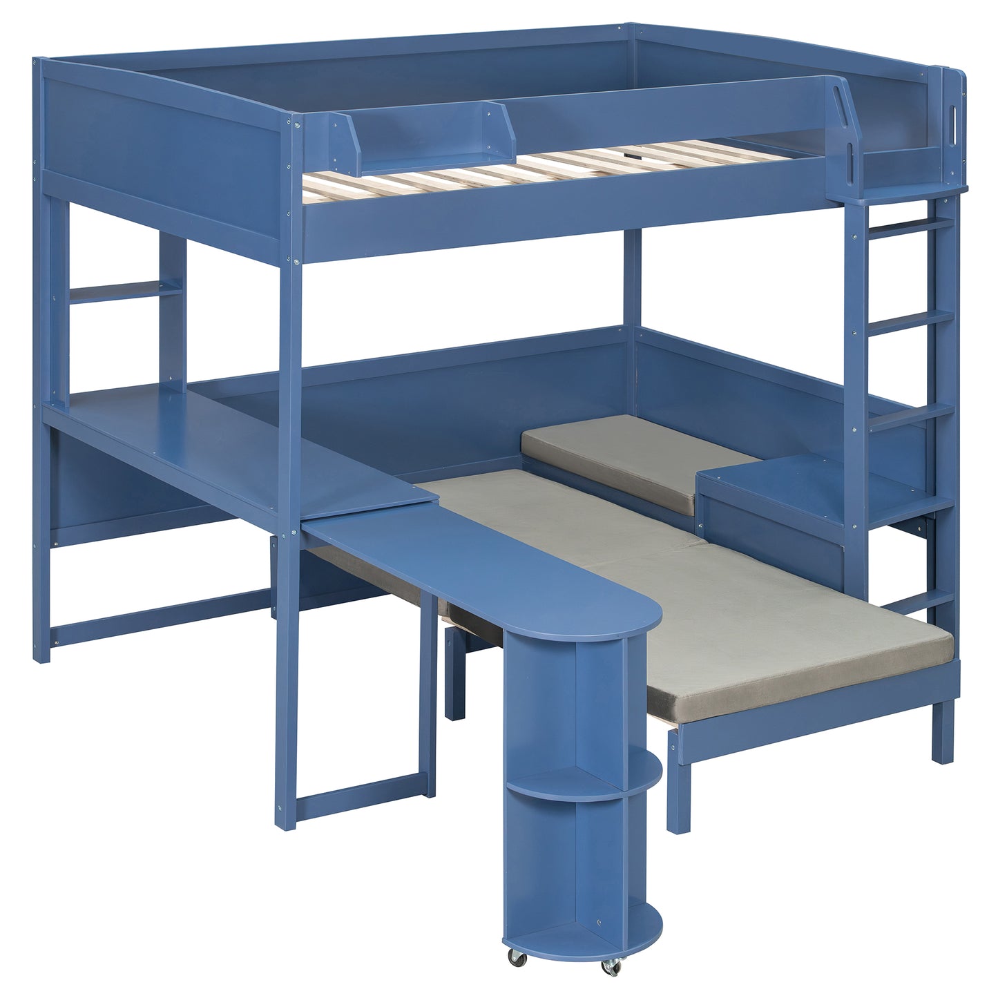 Full Size Wood Loft Bed with Desk, Bedside Storage Shelf, Sofa and Light, Navy Blue image 8