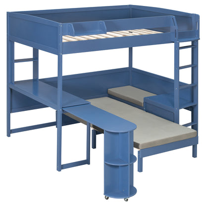 Full Size Wood Loft Bed with Desk, Bedside Storage Shelf, Sofa and Light, Navy Blue image 8