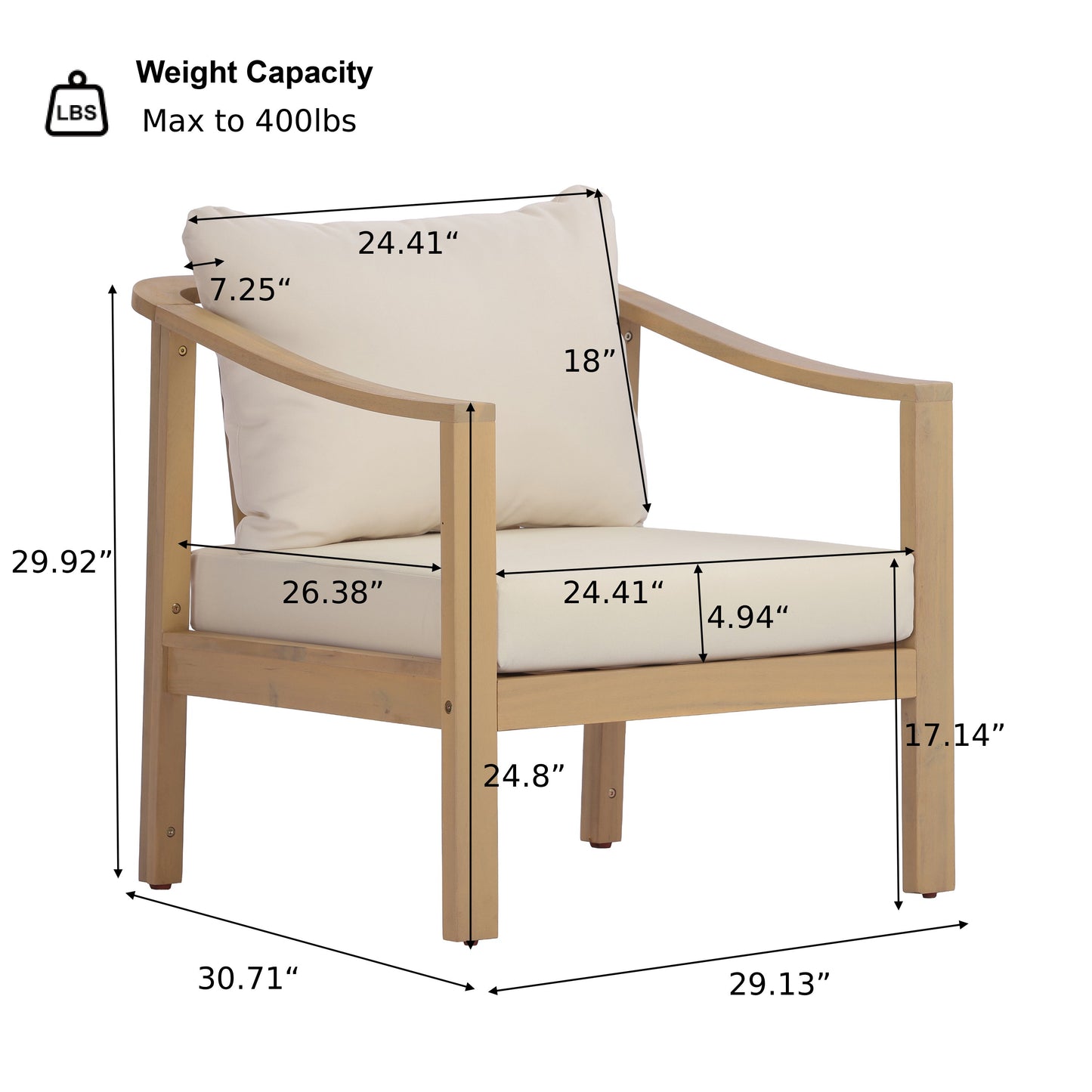 Acacia wood patio furniture club chair,26.38" deep seat design with soft cushion, slatted wood backrest,suitable for porches,gardens,backyards,and balconies (Light Teak+Cream Cushion) image 4