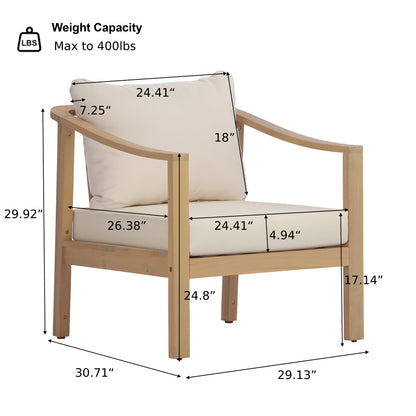 Acacia wood patio furniture club chair,26.38" deep seat design with soft cushion, slatted wood backrest,suitable for porches,gardens,backyards,and balconies (Light Teak+Cream Cushion) image 4