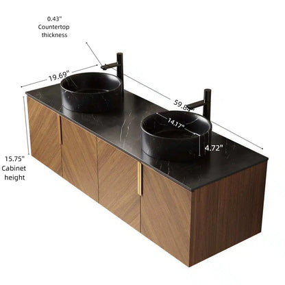 ARAI 60" Bathroom Vanity&Sinks, Wall-Mounted Plywood Bathroom Storage Cabinet with 4 Doors, 2 Black Round Ceramic Basins with Stone Pattern & Black Sintered Stone Countertop, Brown Oak Woodgrain Color image 5