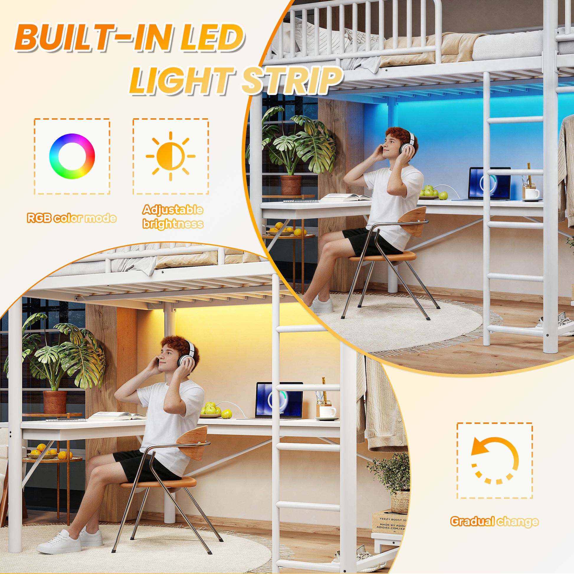Queen Loft Bed with L-Shaped Desk,LED Light Strip and Charge Station, Metal Loft Bed with Computer Mainframe Tray and Hanging Area, Special Round Pipe Design, White image 8