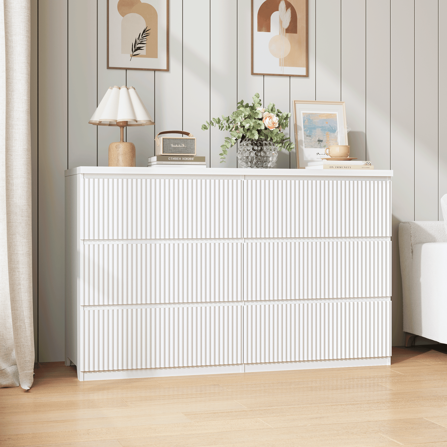 Modern White 6 Drawer Dresser, Wave Panel Drawer Fronts, Storage Cabinet, Versatile Chest of Drawers for Bedroom, Living Room - Sleek & Spacious Home Storage Solution image 4