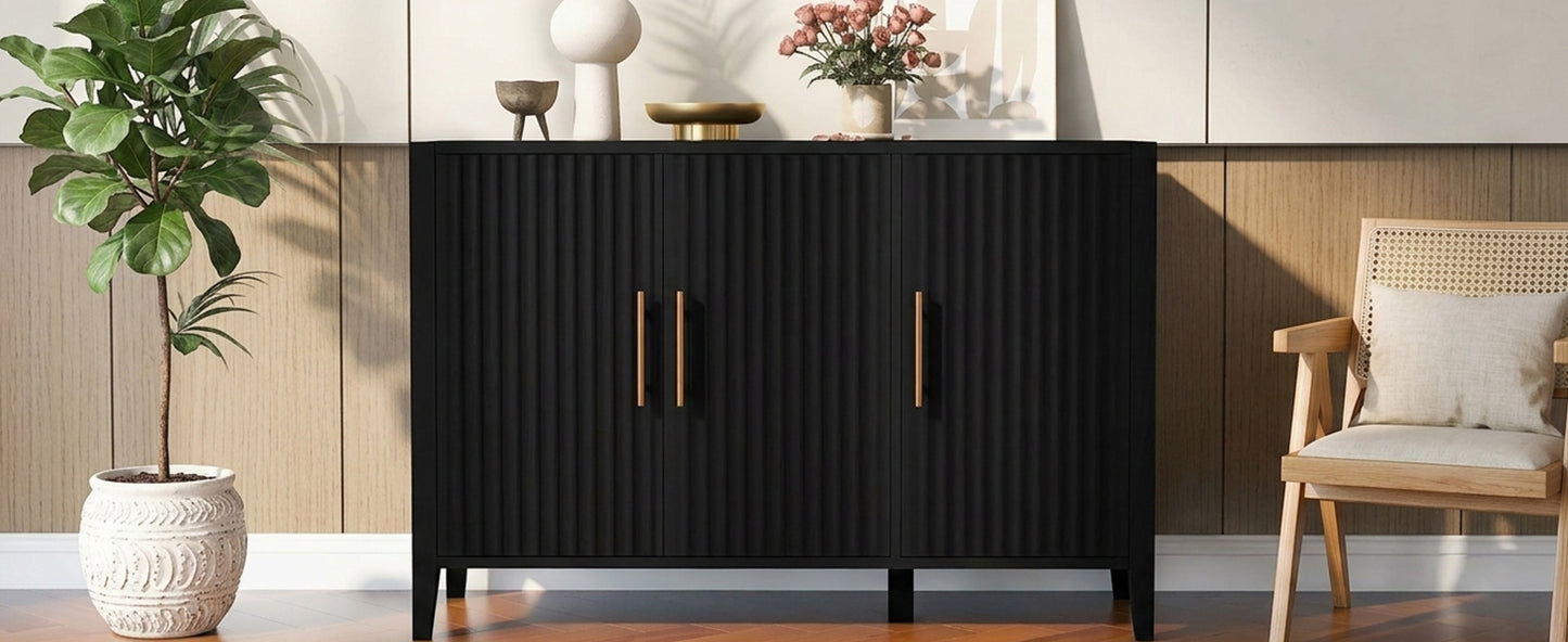 U-Style Wavy 3-Door Sideboard with Solid Pine Legs, Painted Finish Storage Cabinet with American Style for Living Room, Entryway, Kitchen, and Home Office. image 3