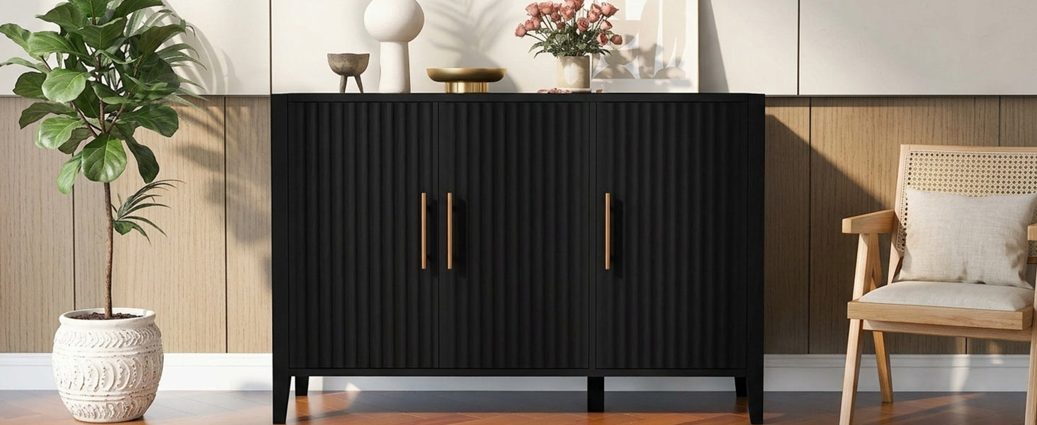 U-Style Wavy 3-Door Sideboard with Solid Pine Legs, Painted Finish Storage Cabinet with American Style for Living Room, Entryway, Kitchen, and Home Office. image 3