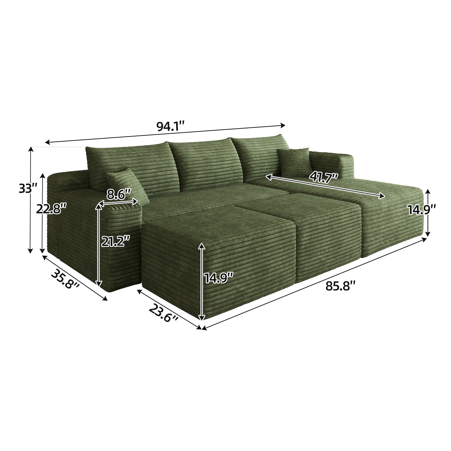 95" Cloud Sectional Sofa with 2 Ottoman,Modern Minimalist Upholstered Couches, Comfort U Shaped Sofa for Living Room,Deep Seat Corner Couch,No Assembly Required,Green(Plush Corduroy Fabric) image 8
