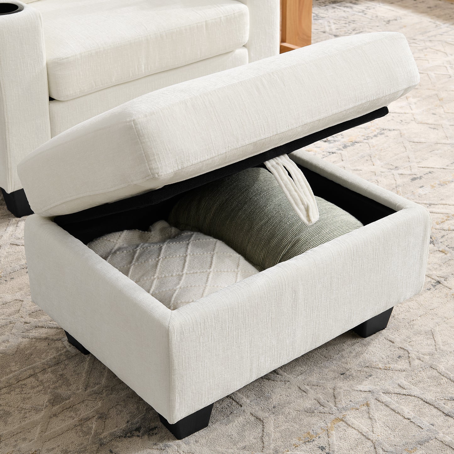 Single sofa recliner with manually adjustable backrest, USB charging port on the armrest side, phone stand included, hidden armrest storage, and a matching storage ottoman-Beige image 12