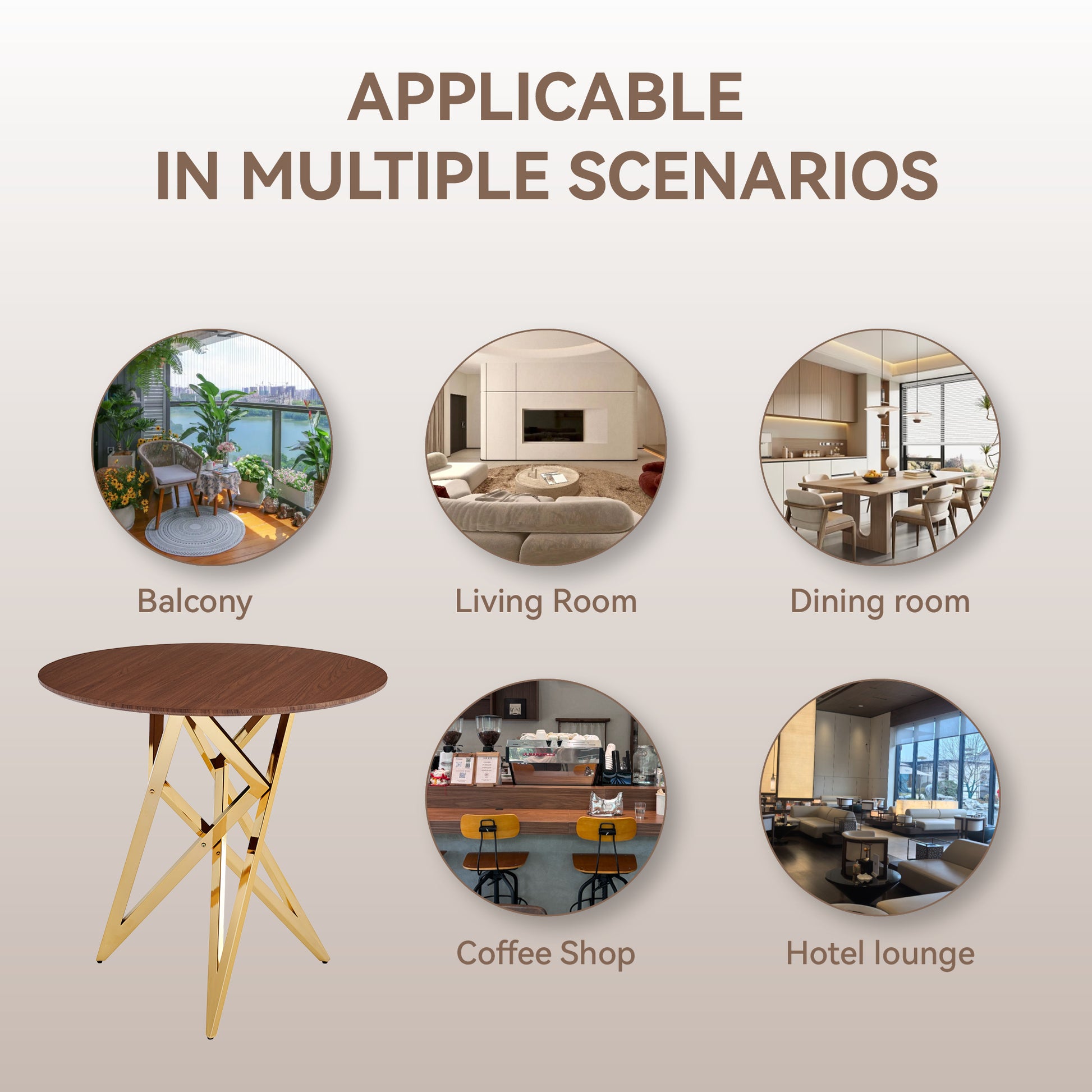 37Inch Round Dining Table, Small Round Kitchen Table With Golden Metal Legs, Suitable For 2 To 4 People, Modern Dining Room Table, Brown, Walnut Color. image 7