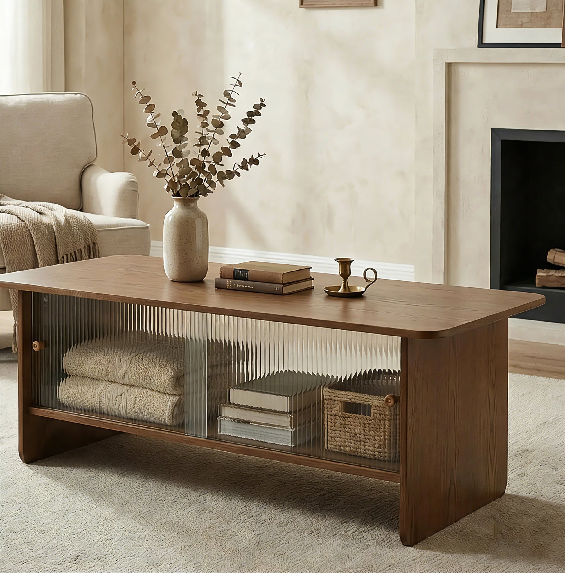 47" Coffee Table With Storage, Rectangular Mid-Century Retro Center Table, Fluted Glass Sliding Doors For Living Room Bedroom Guest Room, Walnut. image 7