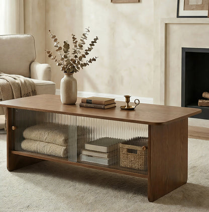 47" Coffee Table With Storage, Rectangular Mid-Century Retro Center Table, Fluted Glass Sliding Doors For Living Room Bedroom Guest Room, Walnut. image 7