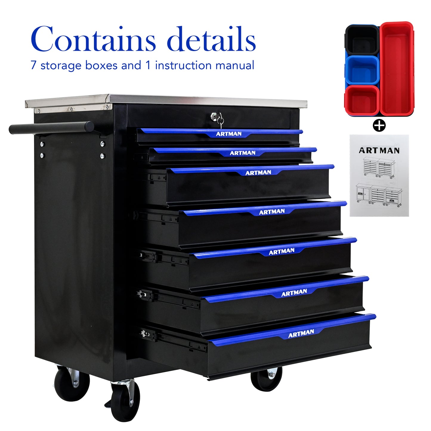 7 DRAWERS MULTIFUNCTIONAL TOOL CART WITH WHEELS-BLACK&BLUE image 2