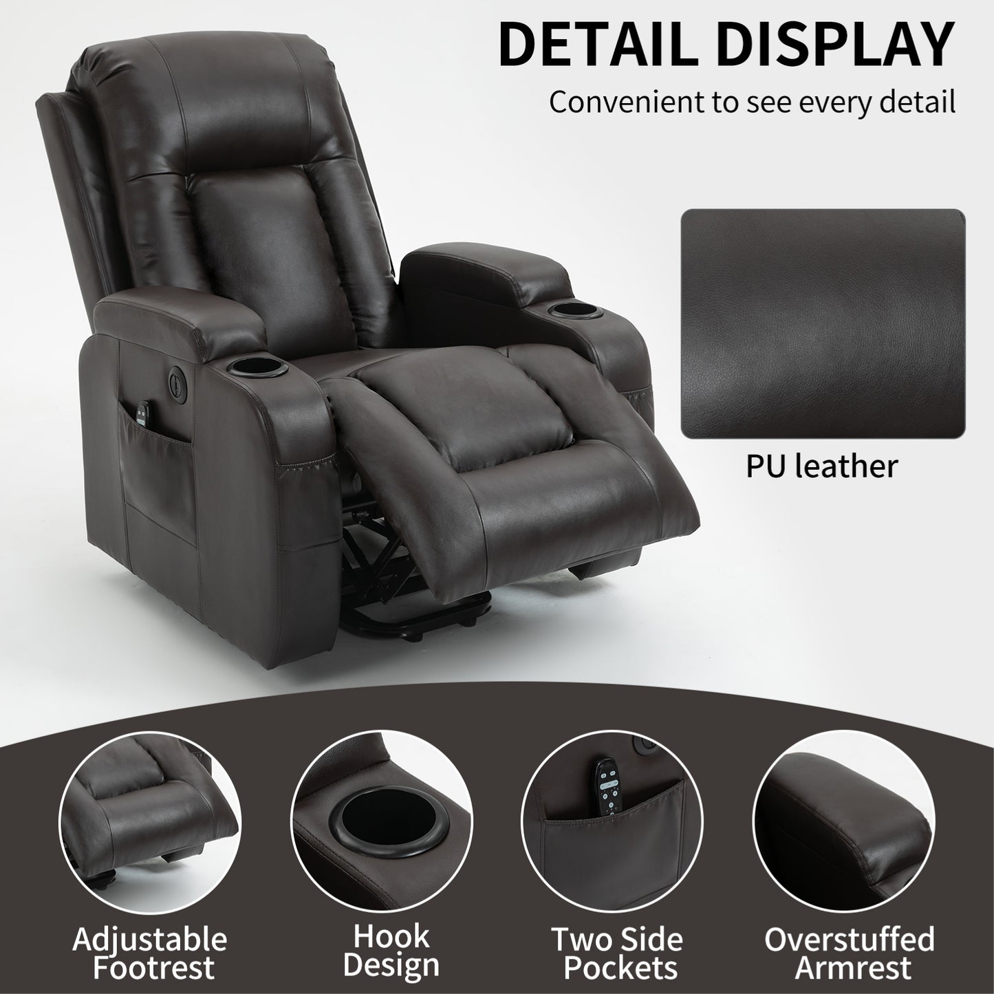 Infinite Position Up to 350 LBS Power Lift Recliner Chair for Elderly, Heavy Duty Motion Mechanism with 8-Point Vibration Massage and Lumbar Heating, USB Charging Port, Cup Holders, Brown image 10
