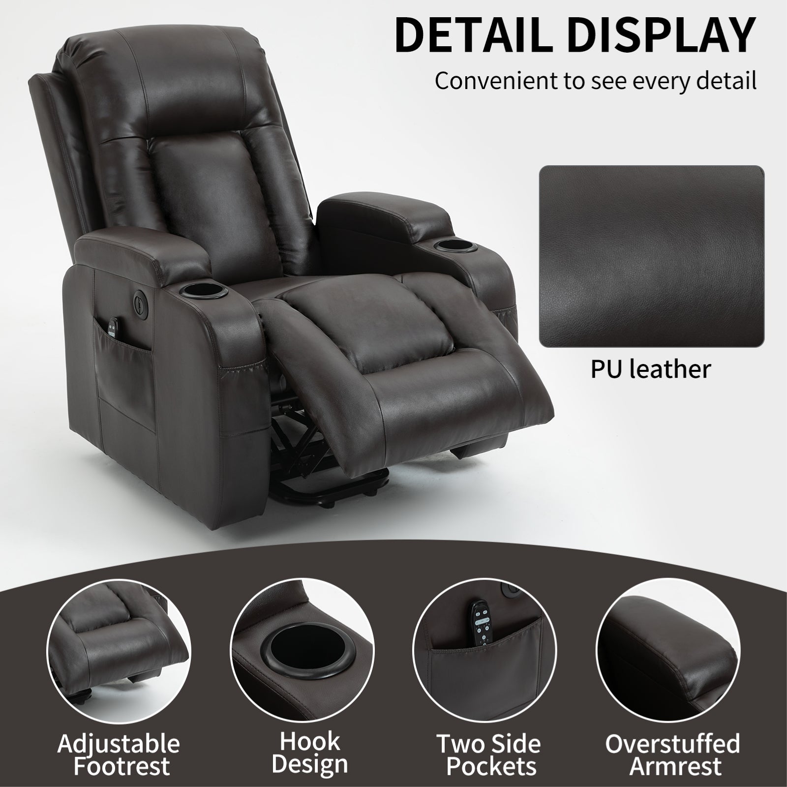 Infinite Position Up to 350 LBS Power Lift Recliner Chair for Elderly, Heavy Duty Motion Mechanism with 8-Point Vibration Massage and Lumbar Heating, USB Charging Port, Cup Holders, Brown image 10