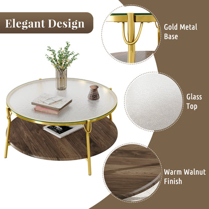 Modern Round Walnut 2-Tiered Coffee Table with Glass Top and Gold Base for Living Room, 29.9" image 12