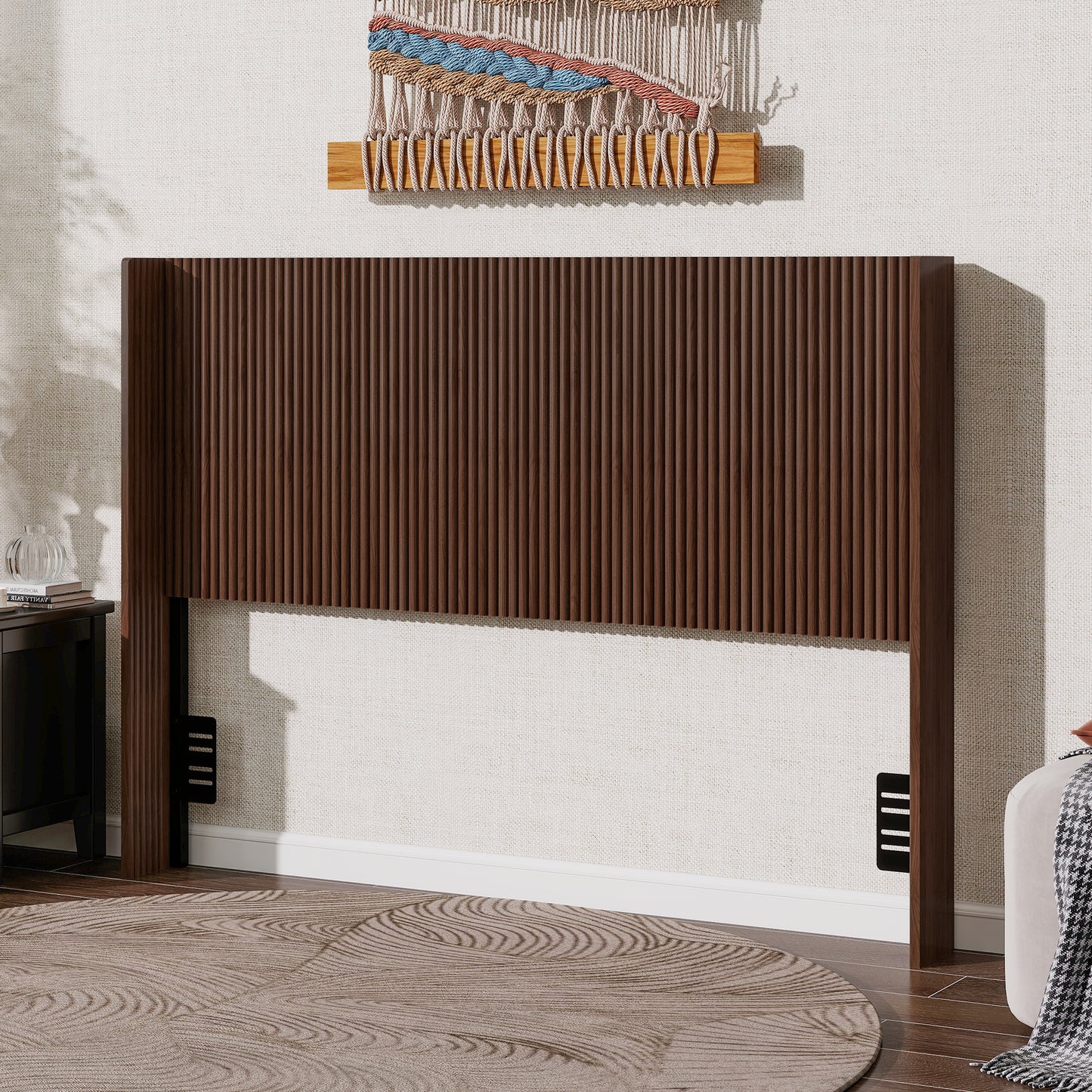 Walnut Fluted Wood Headboard, Vertical Ribbed Freestanding Bed Headboard with Adjustable Metal Brackets, Mid-Century Modern Wooden Headboard for Twin Full Queen Size Bed, Space-Sav (Brown color, Queen image 3