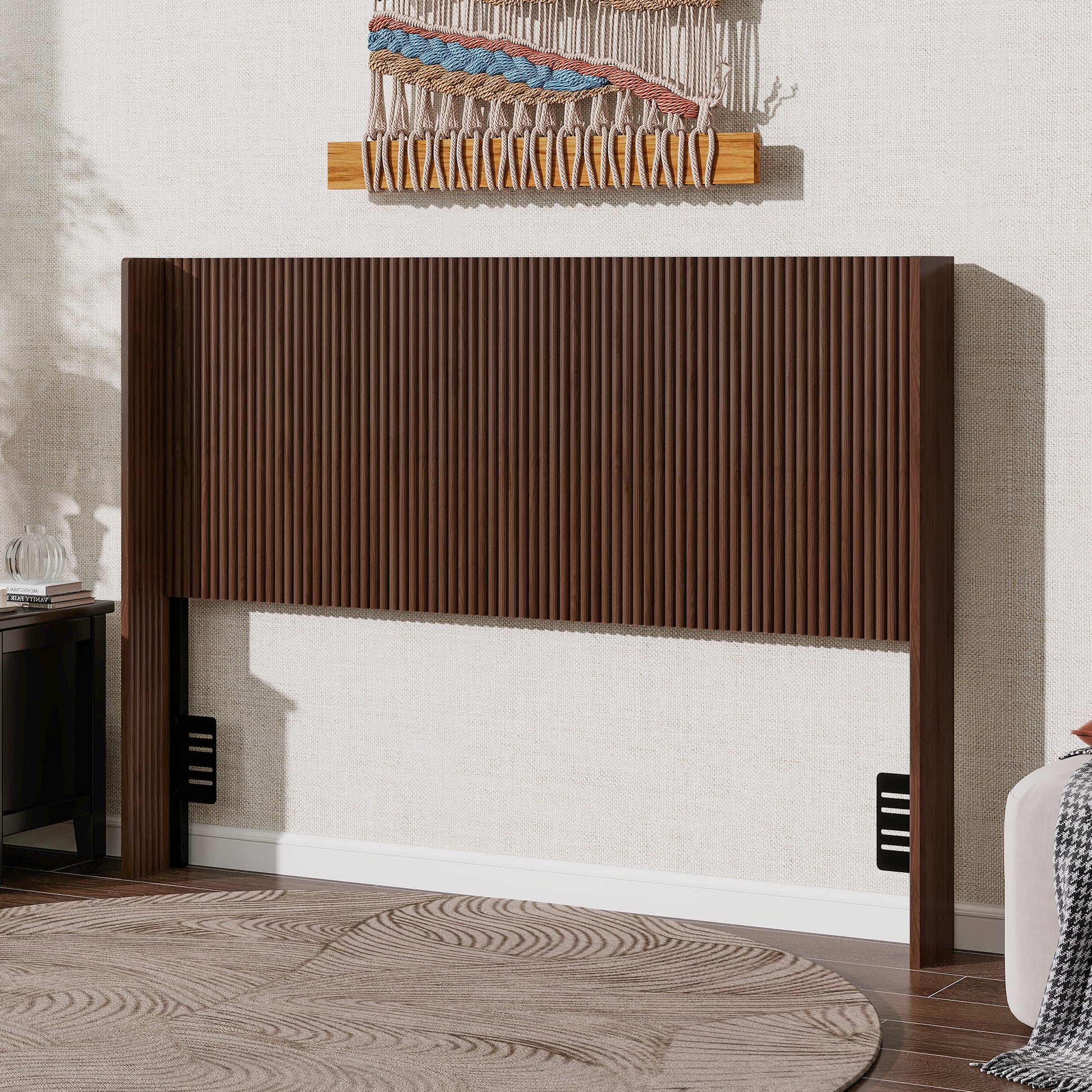 Walnut Fluted Wood Headboard, Vertical Ribbed Freestanding Bed Headboard with Adjustable Metal Brackets, Mid-Century Modern Wooden Headboard for Twin Full Queen Size Bed, Space-Sav (Brown color, Queen image 3