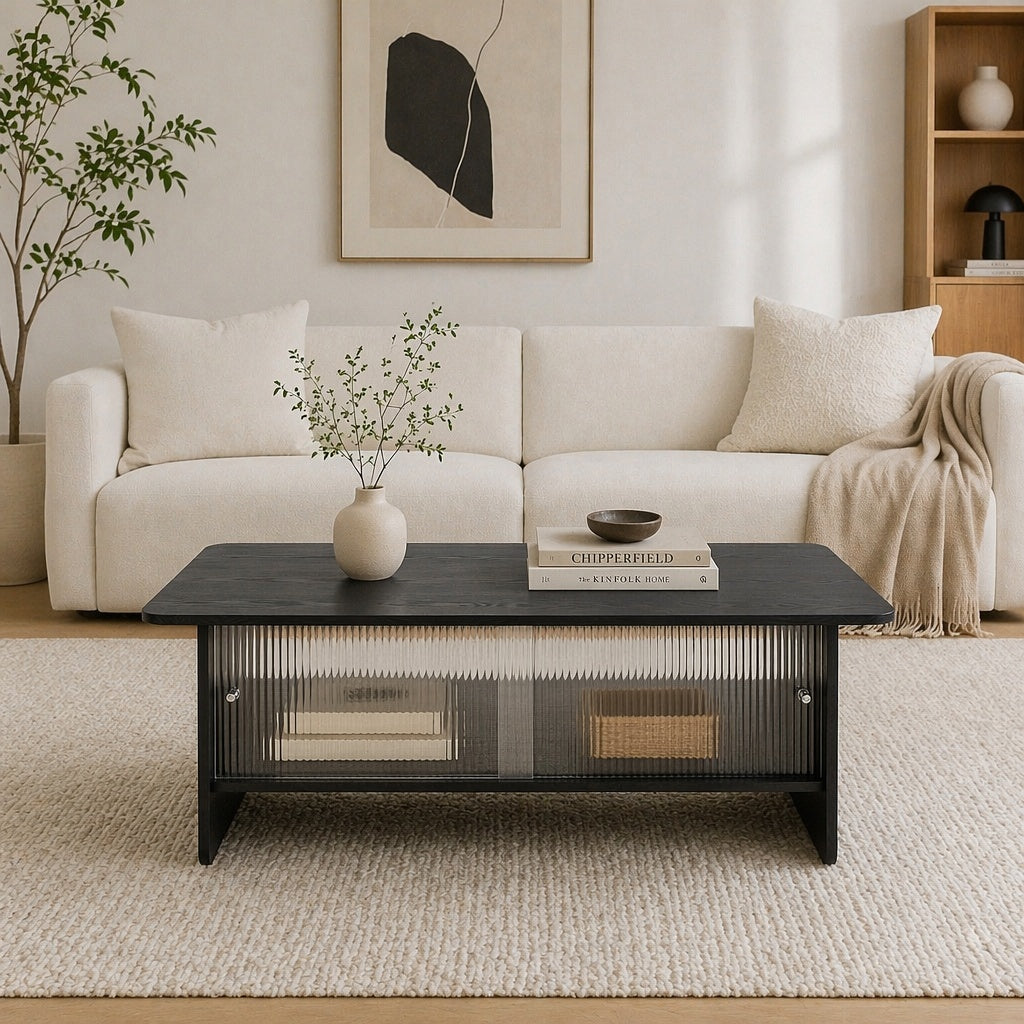 47" Coffee Table With Storage, Rectangular Modern Minimalist Center Table, Fluted Glass Sliding Doors For Living Room Bedroom Guest Room, Black. image 2