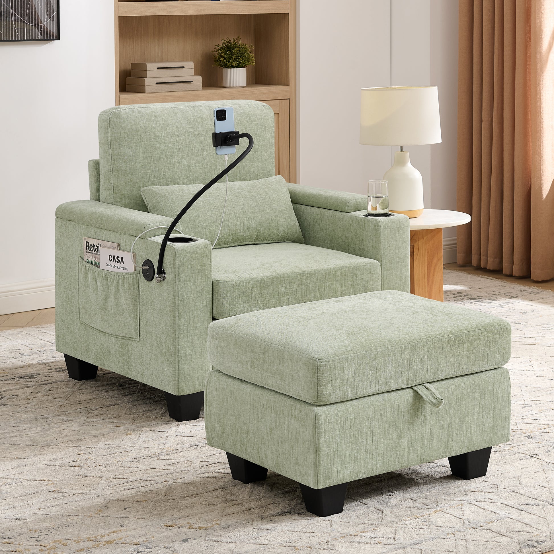 Single sofa recliner with manually adjustable backrest, USB charging port on the armrest side, phone stand included, hidden armrest storage, and a matching storage ottoman-Cyan image 1