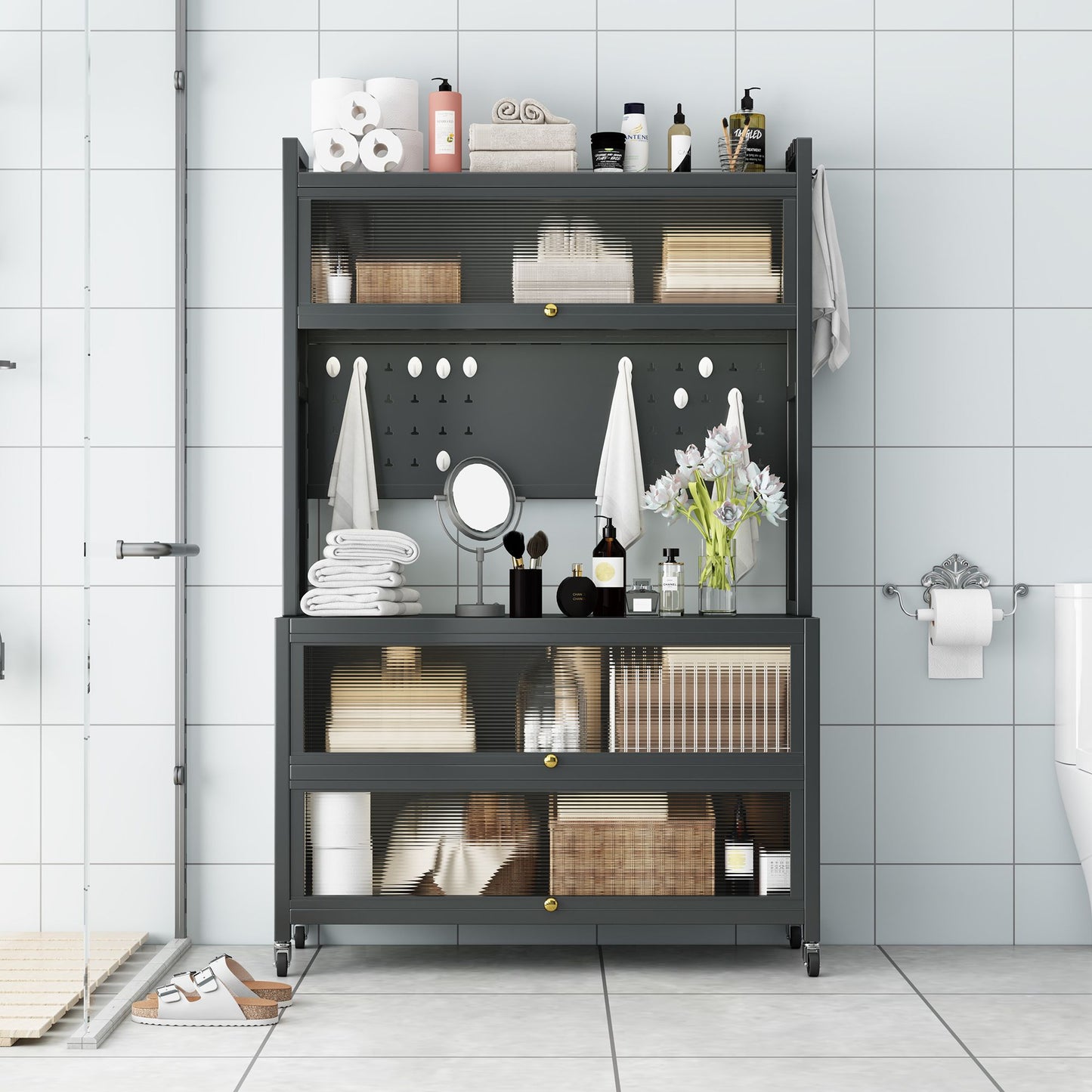 65'' Tall Kitchen Bakers Rack with Flip Door Cabinet, 5 Tier Multifunctional Microwave Stand Buffet, Coffee Bar, Quick A image 2