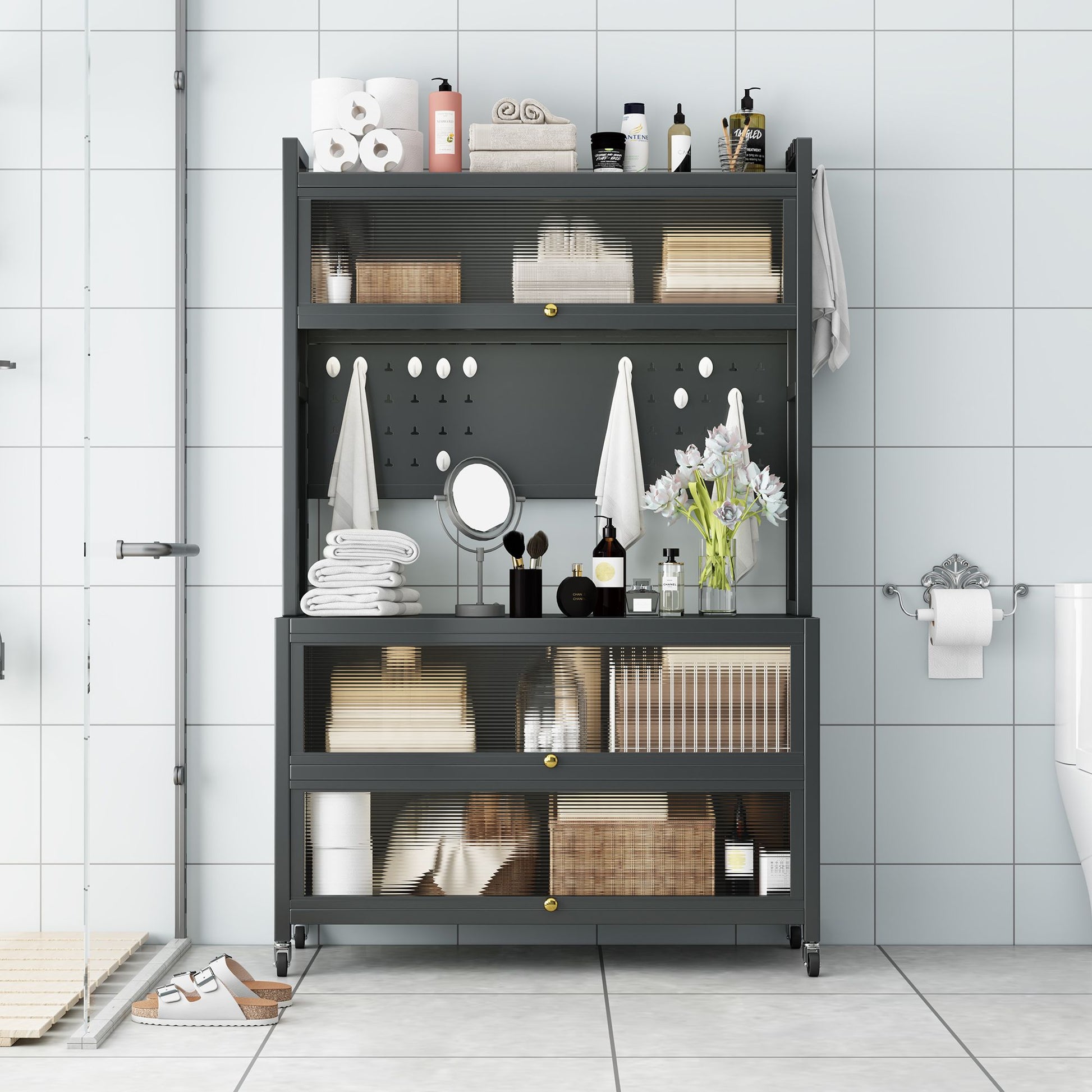 65'' Tall Kitchen Bakers Rack with Flip Door Cabinet, 5 Tier Multifunctional Microwave Stand Buffet, Coffee Bar, Quick A image 2