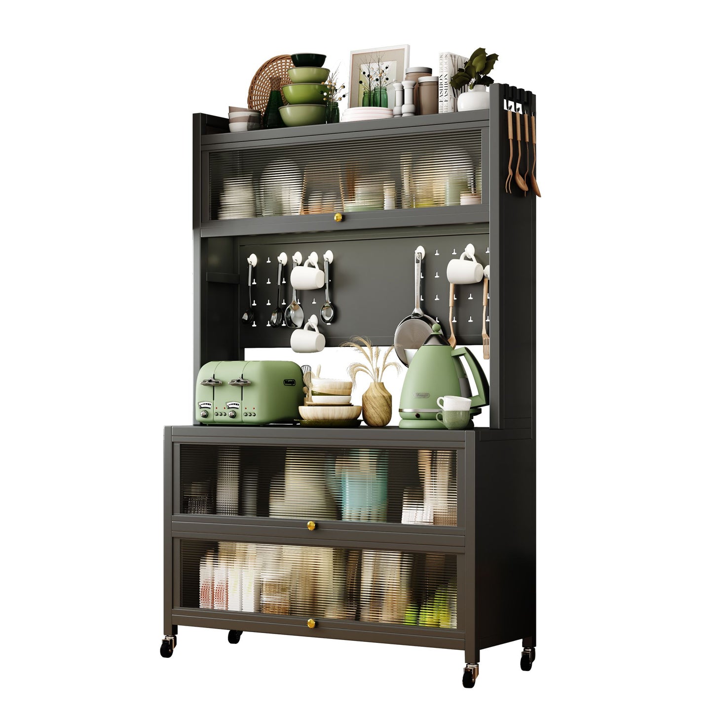 65'' Tall Kitchen Bakers Rack with Flip Door Cabinet, 5 Tier Multifunctional Microwave Stand Buffet, Coffee Bar, Quick A image 5
