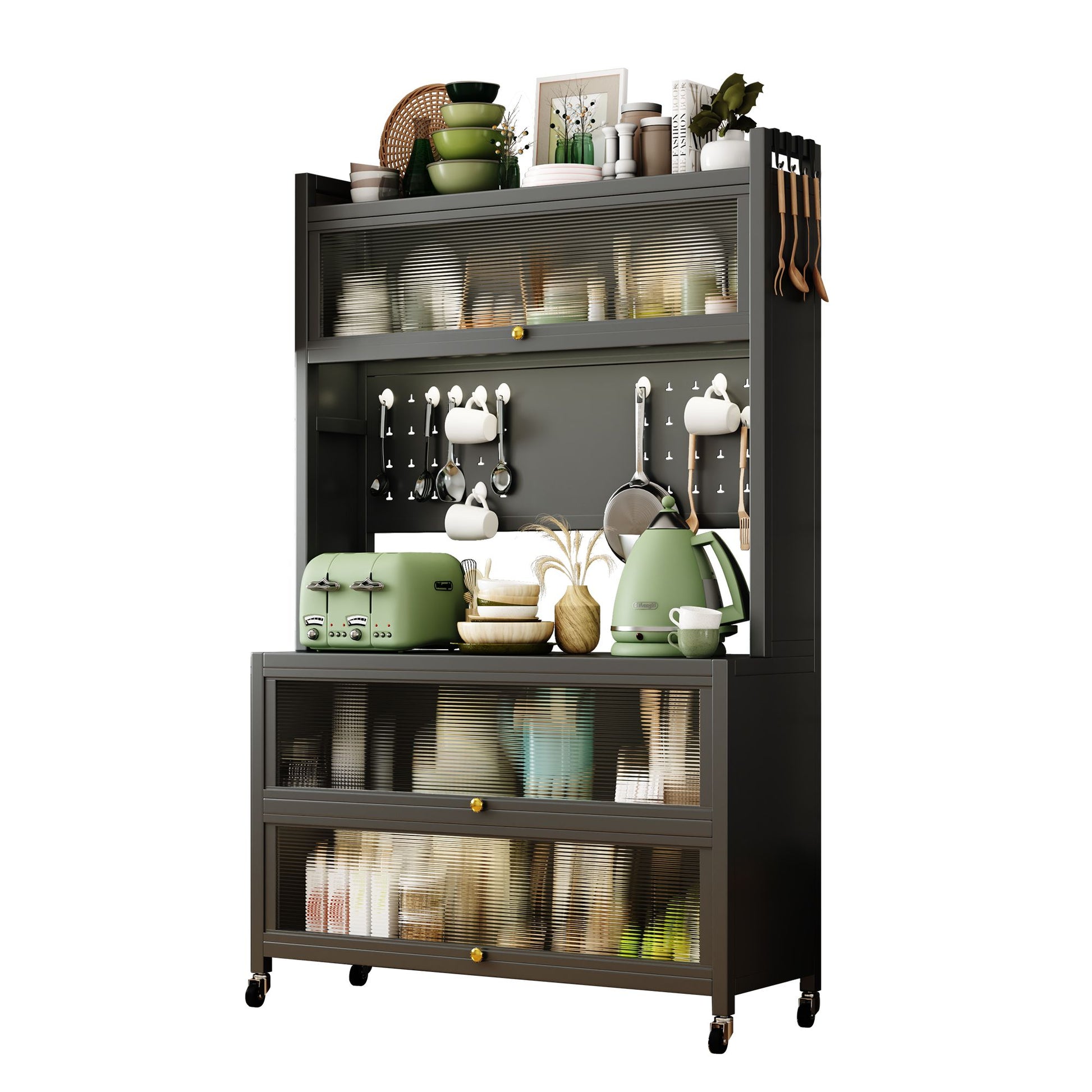 65'' Tall Kitchen Bakers Rack with Flip Door Cabinet, 5 Tier Multifunctional Microwave Stand Buffet, Coffee Bar, Quick A image 5
