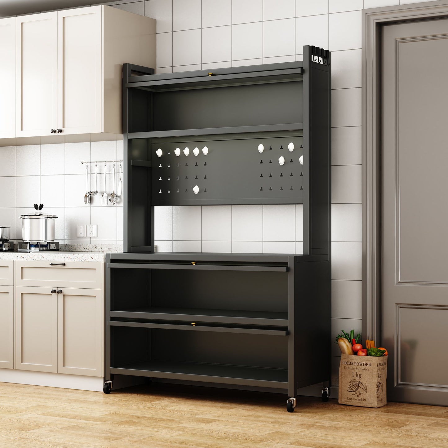 65'' Tall Kitchen Bakers Rack with Flip Door Cabinet, 5 Tier Multifunctional Microwave Stand Buffet, Coffee Bar, Quick A image 4