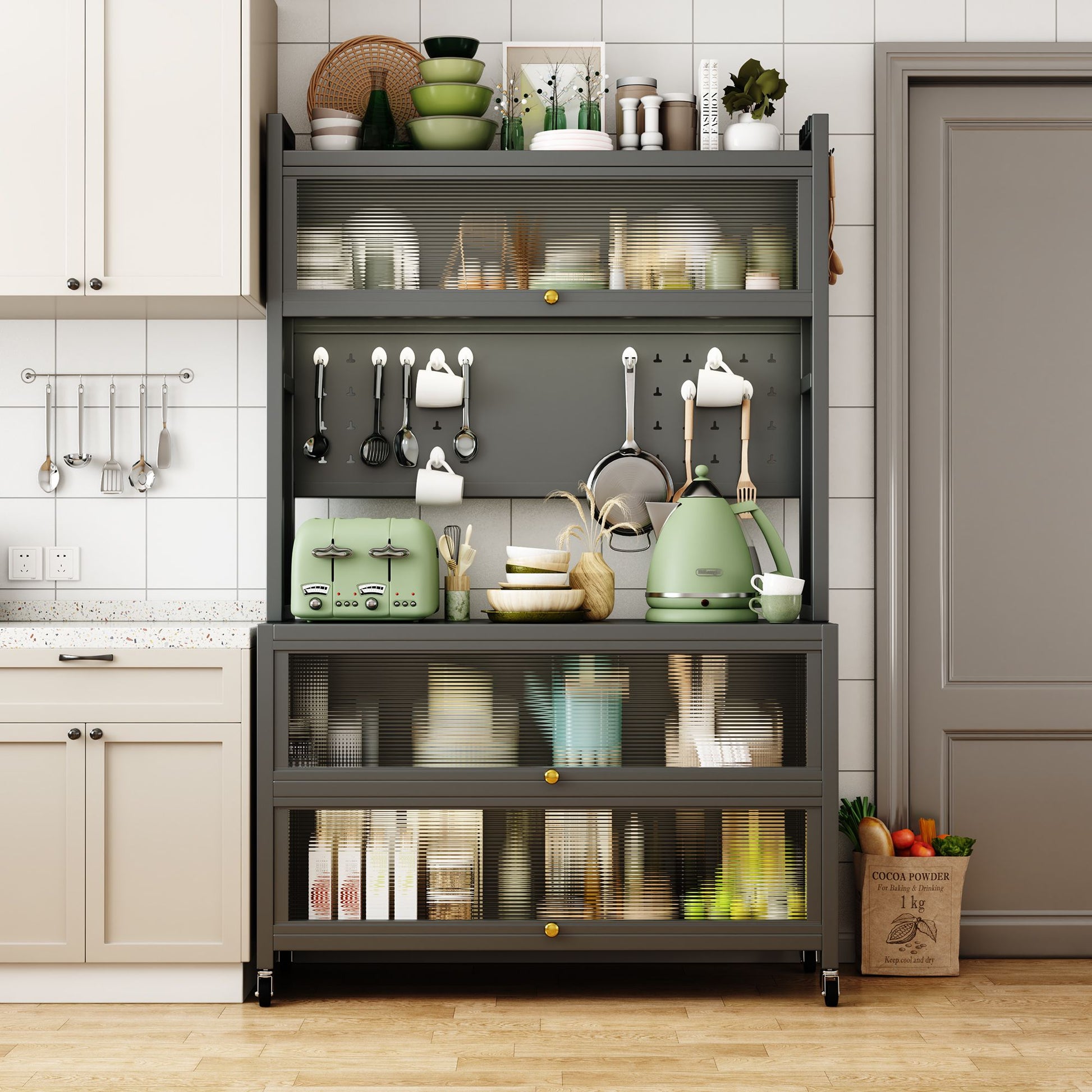 65'' Tall Kitchen Bakers Rack with Flip Door Cabinet, 5 Tier Multifunctional Microwave Stand Buffet, Coffee Bar, Quick A image 1