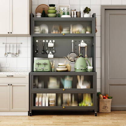 65'' Tall Kitchen Bakers Rack with Flip Door Cabinet, 5 Tier Multifunctional Microwave Stand Buffet, Coffee Bar, Quick A image 1