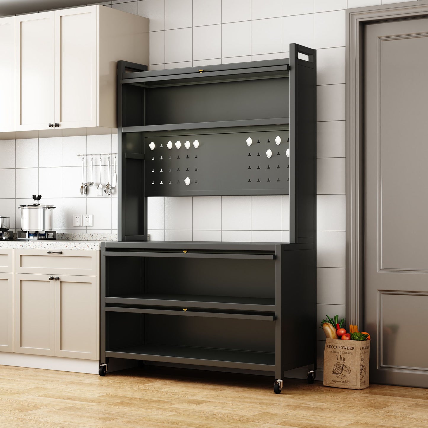 65'' Tall Kitchen Bakers Rack with Flip Door Cabinet, 5 Tier Multifunctional Microwave Stand Buffet, Coffee Bar, Quick A image 7