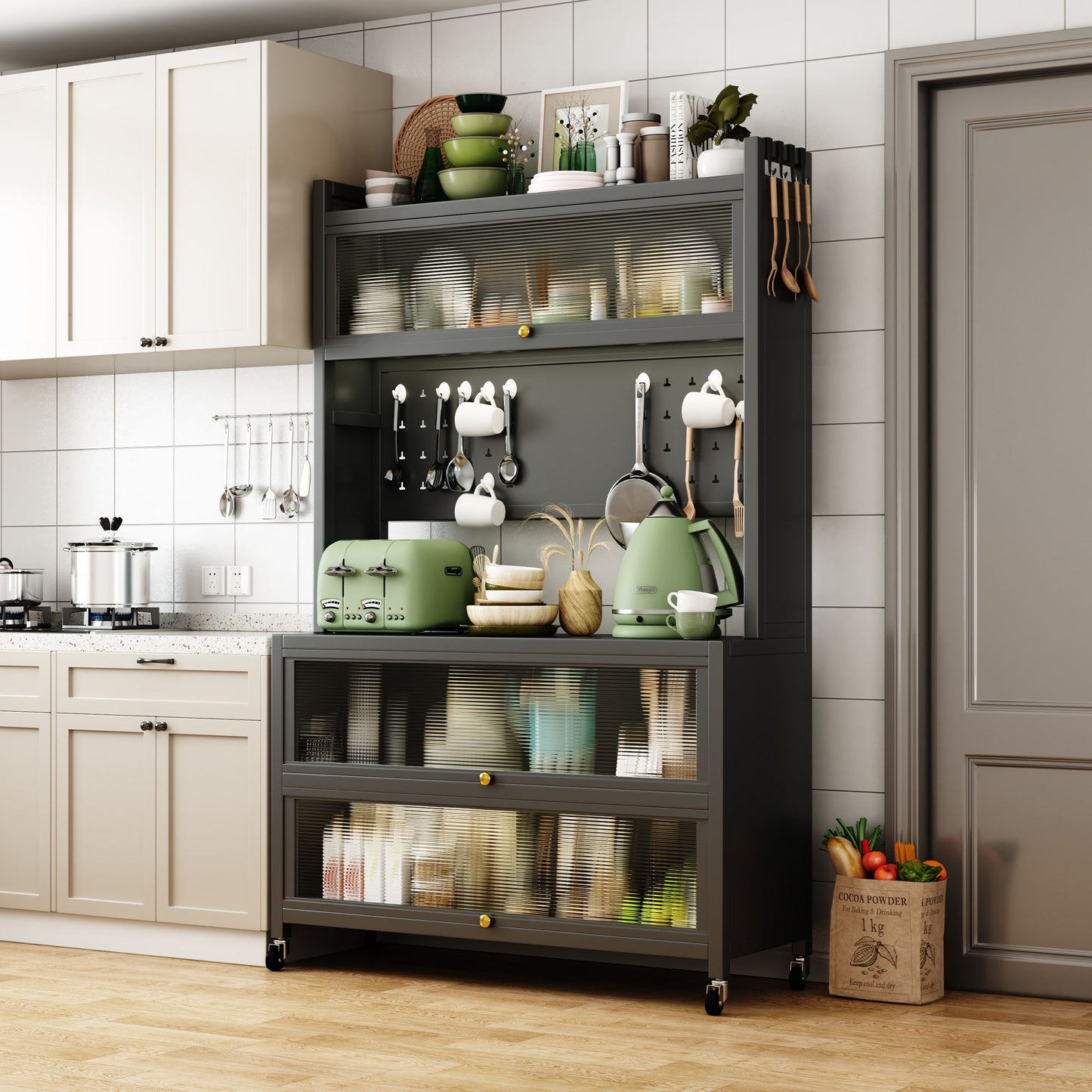 65'' Tall Kitchen Bakers Rack with Flip Door Cabinet, 5 Tier Multifunctional Microwave Stand Buffet, Coffee Bar, Quick A image 3