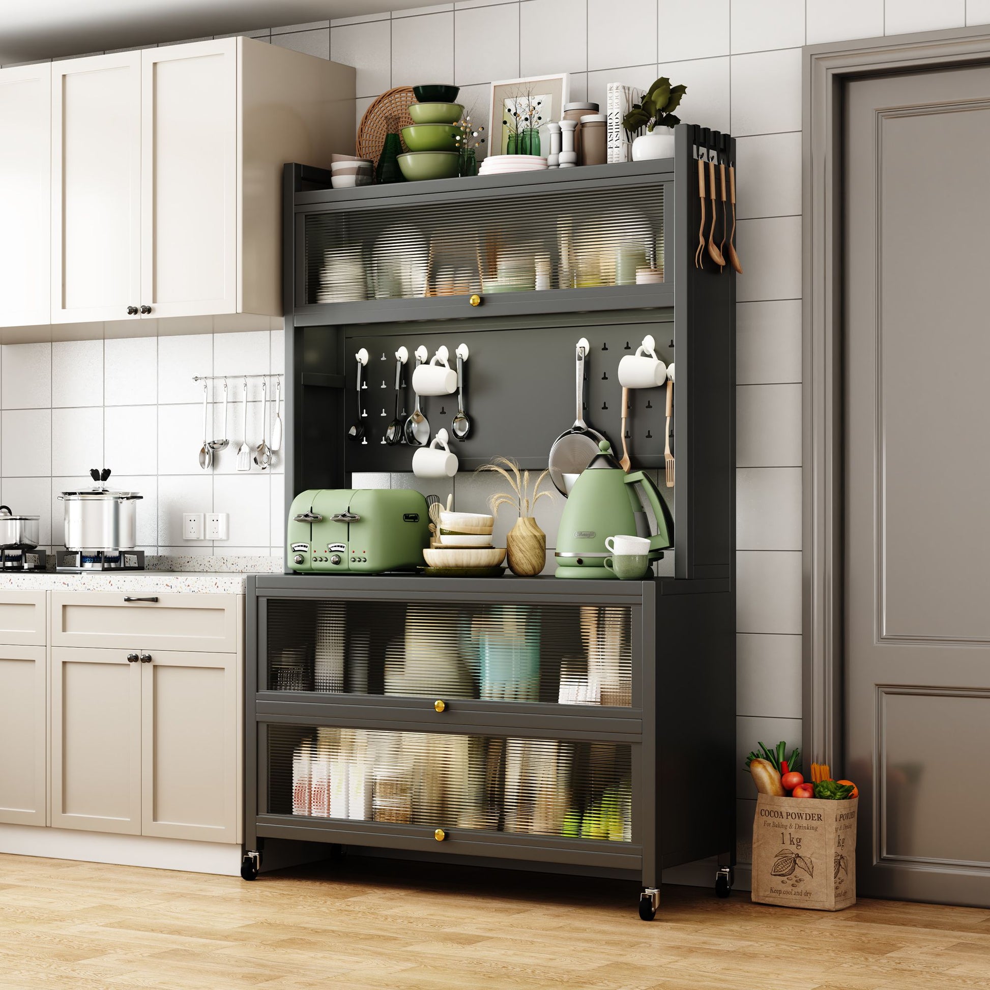 65'' Tall Kitchen Bakers Rack with Flip Door Cabinet, 5 Tier Multifunctional Microwave Stand Buffet, Coffee Bar, Quick A image 3