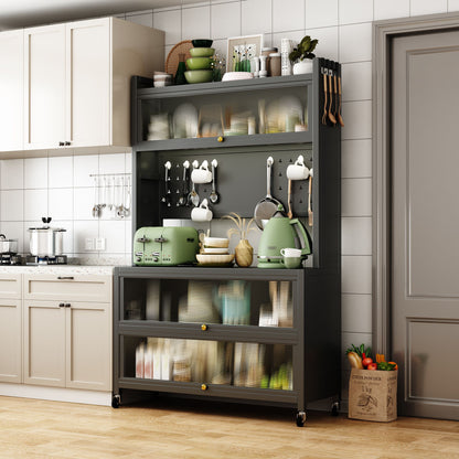 65'' Tall Kitchen Bakers Rack with Flip Door Cabinet, 5 Tier Multifunctional Microwave Stand Buffet, Coffee Bar, Quick A image 3