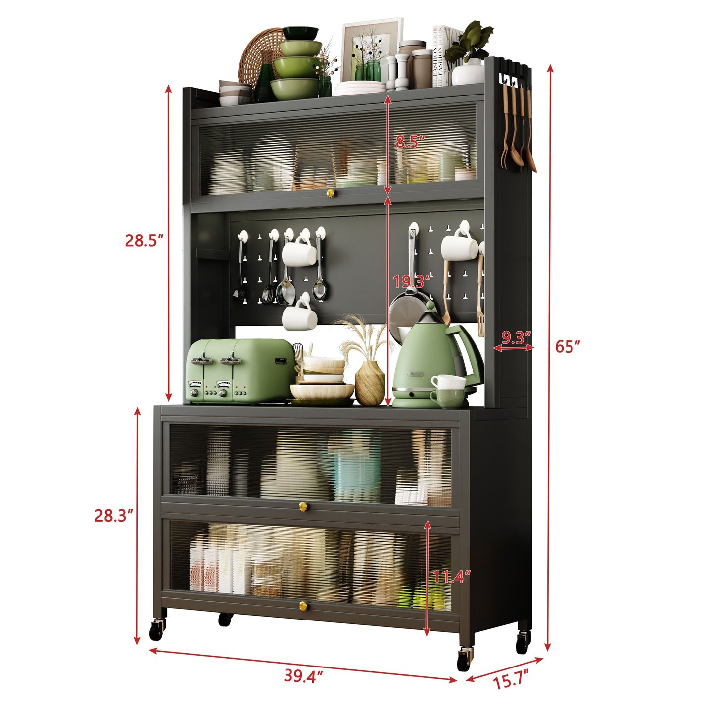 65'' Tall Kitchen Bakers Rack with Flip Door Cabinet, 5 Tier Multifunctional Microwave Stand Buffet, Coffee Bar, Quick A image 6