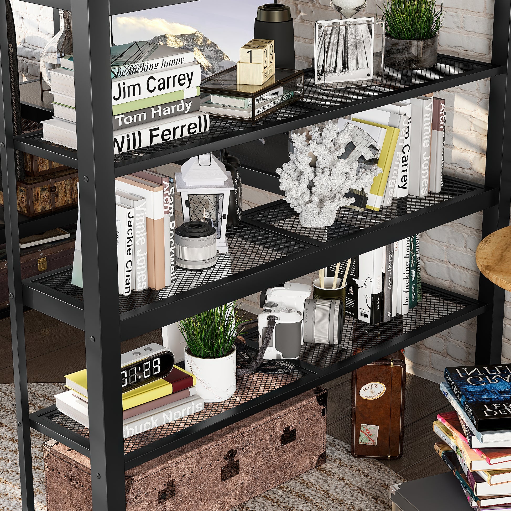 Queen Size Loft Bed with Storage Shelves, Metal Loft Bed with Clothes Hanging Rod and Desk, No Box Spring Needed Design, Black image 4