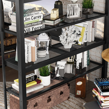 Queen Size Loft Bed with Storage Shelves, Metal Loft Bed with Clothes Hanging Rod and Desk, No Box Spring Needed Design, Black image 4