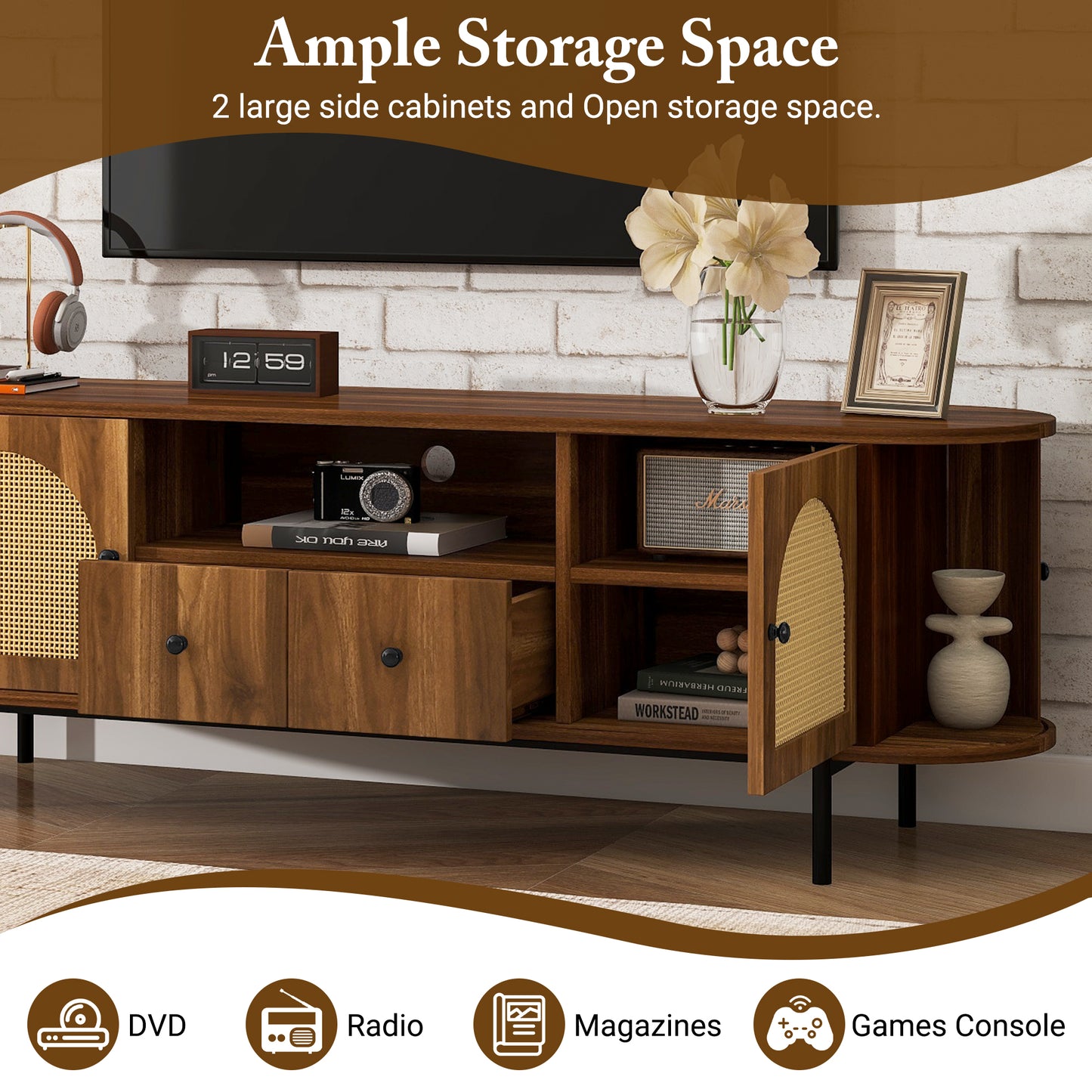U-Can American Style TV Stand with Rattan Arched Doors, Drawers, Hidden Storage, Steel Legs, Rounded Corners image 7