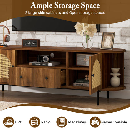 U-Can American Style TV Stand with Rattan Arched Doors, Drawers, Hidden Storage, Steel Legs, Rounded Corners image 7